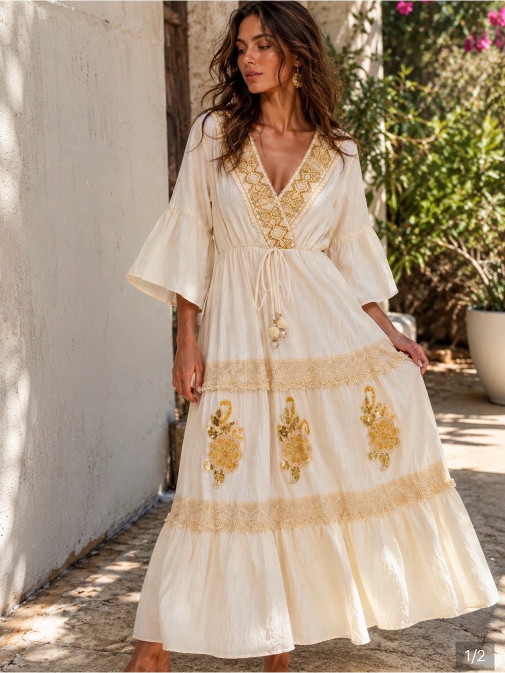 Women's white Maxi Dress with Gold Embroidery — Boho V-Neck Tie Waist🫶